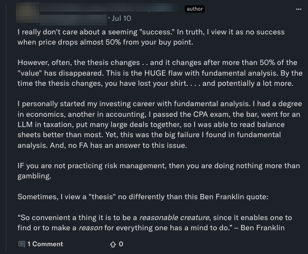 Screenshot of online comment critiquing fundamental analysis, used in Beating The Tide stock investing newsletter to explain common misconceptions about FA and risk management — reinforcing why this is one of the best newsletters for real investing insights. Screenshot of online comment critiquing fundamental analysis, used in Beating The Tide stock investing newsletter to explain common misconceptions about FA and risk management — reinforcing why this is one of the best newsletters for real investing insights.