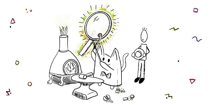 Cat forging a search icon from a kiln