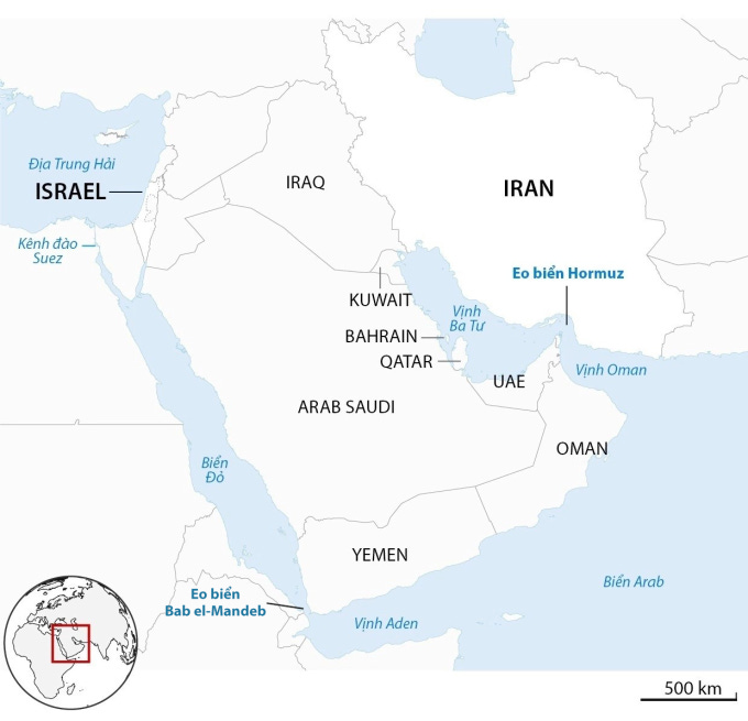 Vị trí eo biển Hormuz và Iran. Đồ họa: Guardian Vị trí eo biển Hormuz và Iran. Đồ họa: Guardian