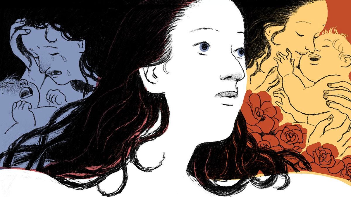 Un'illustrazione mostra una donna che guarda verso destra.  Oltre la sua spalla destra c'è una scena in giallo in cui tiene amorevolmente il suo bambino.  Oltre la sua spalla sinistra c'è una scena in blu di lei, stressata e piangente mentre tiene in braccio un bambino che urla.