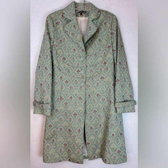 Dahlia Floral Brocade Long Line Coat Victorian Cottage 6 Green 0794 - Picture 1 of 11