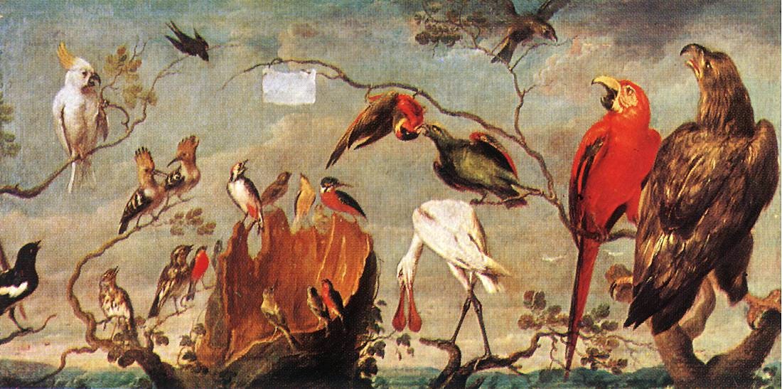 A crowd of different birds gathers on branches around an owl holding a sheet of music A crowd of different birds gathers on branches around an owl holding a sheet of music