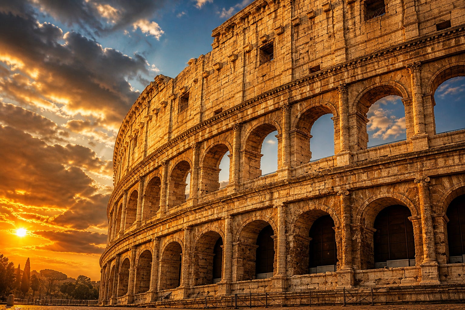 The Colosseum rises beneath a burning Roman sky, its ancient stone carrying the weight of empires, conflict, survival and time itself. Photograph enhanced by Jamaica Homes.