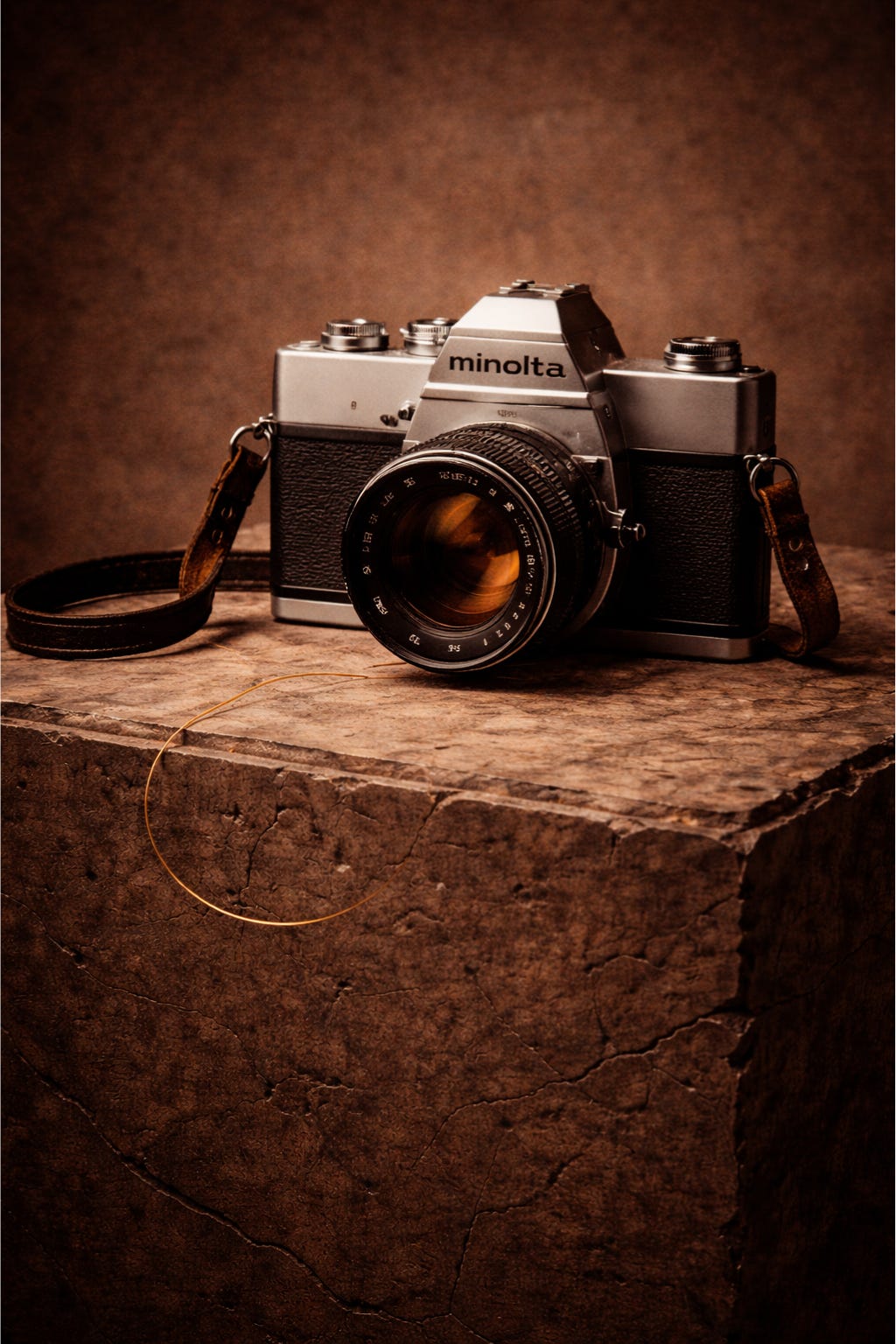 A vintage Minolta SRT-101 camera rests on a cracked stone pedestal against a muted background, with a thin golden thread curving across the surface.