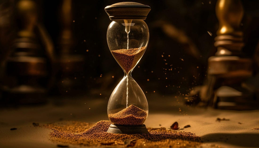 Antique hourglass timer with falling sand on old wooden table generated ...