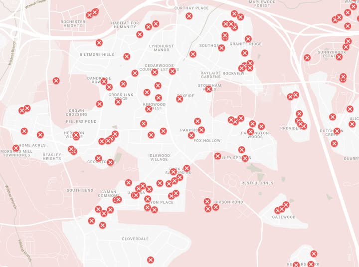 May be an image of map and text that says 'Walmacreen ROCHE ROCHESTER HEIGHTS CURTHAY PLACE HABITAT FOR HUMANITY Brench X X MAPLEWO PLEWOO FOREST BILTMORE HILLS LYNDHURST MANOR SOUTHGA X X GRANITERIDGE RIDGE DANDRA GE CEDARWOODS COUN EST X CROSS LINK CE X X SUNNYBROOK ESTAT RAYLAIDE ROCKVIEW GARDENS X CROWN CROSSING HAM x KINGWOOD FELLERS POND HOME ACRES MORG X MILL TOWNHOMES X X HEIGHTS PARKSI X FOX HOLLOW CRO5 NGTON WOODS PROVIDEN IDLEWOOD X DUTCH CREE LEY SPR SOUTH SOUTHBEND BEND x CYMAN RD +ヤャ x QUARR RESTFUL PINES ON NPLACE x x x GIPSONPOND GIPSON X CLOVERDALE ዓትጻ GATEWOOD'