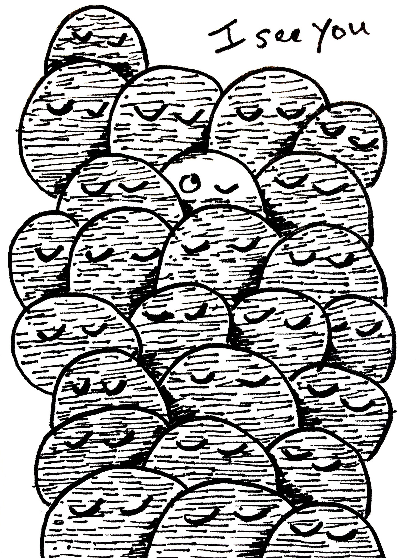 The 2nd panel shows the words “I see you”, and one of the faces opened up one eye towards the words. 