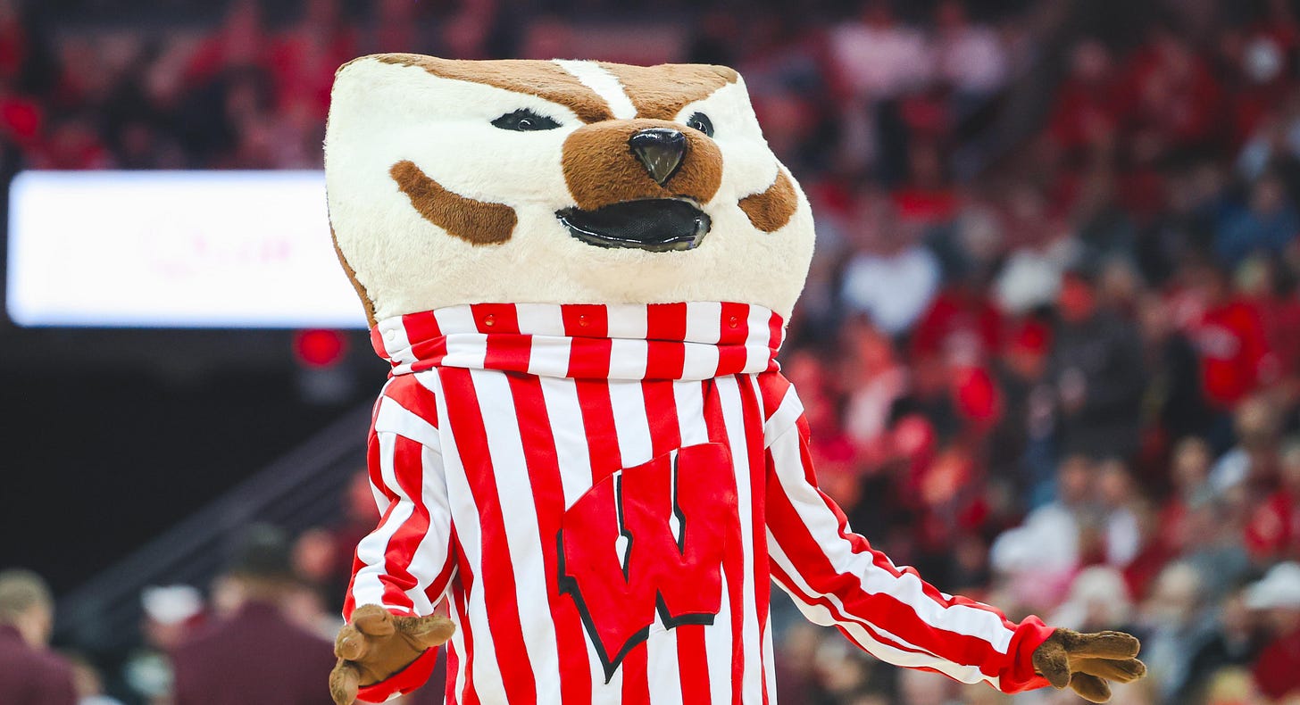 Bucky Badger on the court during a basketball game at the Kohl Center.