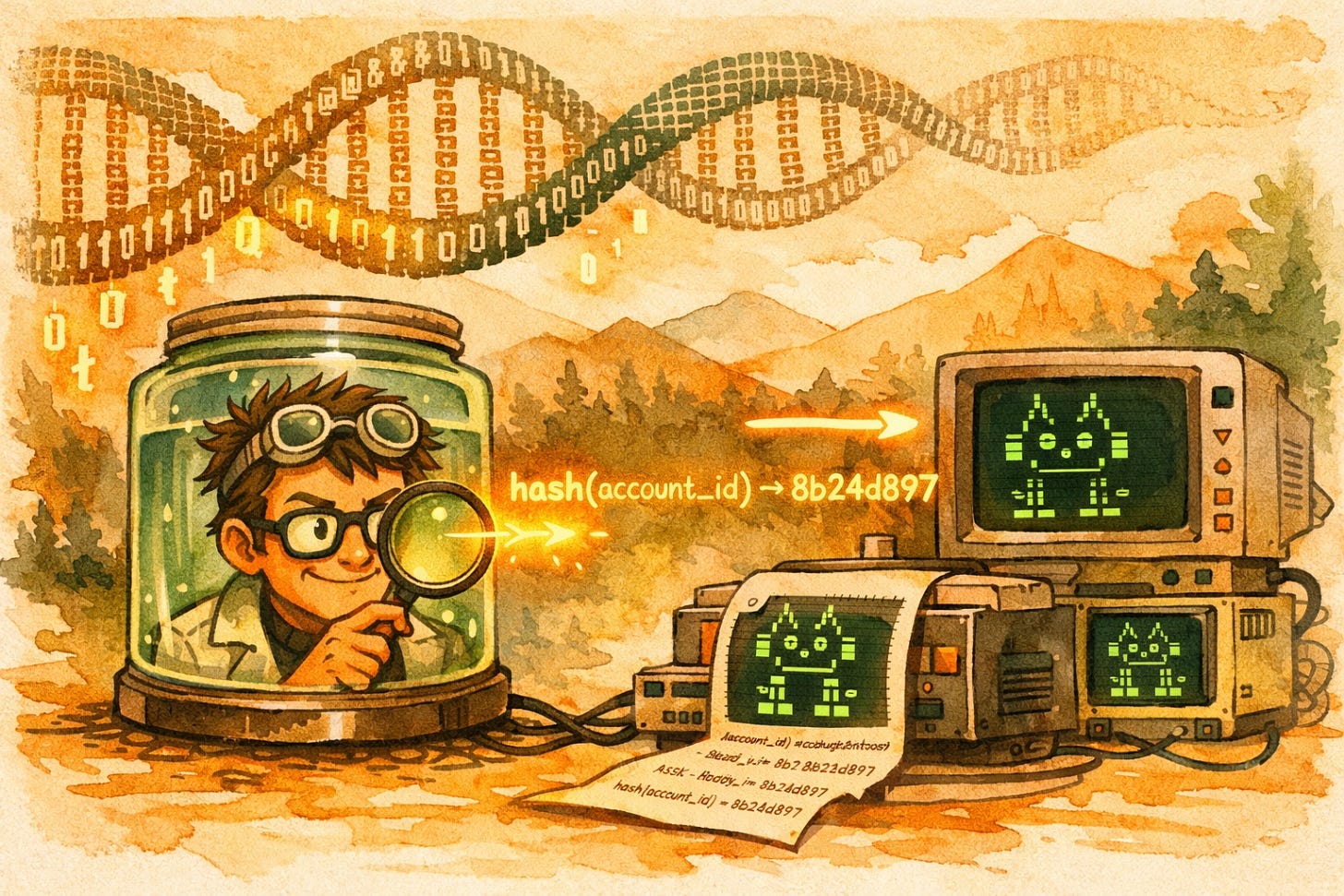 A scientific jar-head character inspects an ASCII DNA strand and deterministic Buddy output machine.