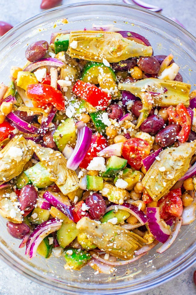 overhead view of Loaded Greek Salad in glass bowl