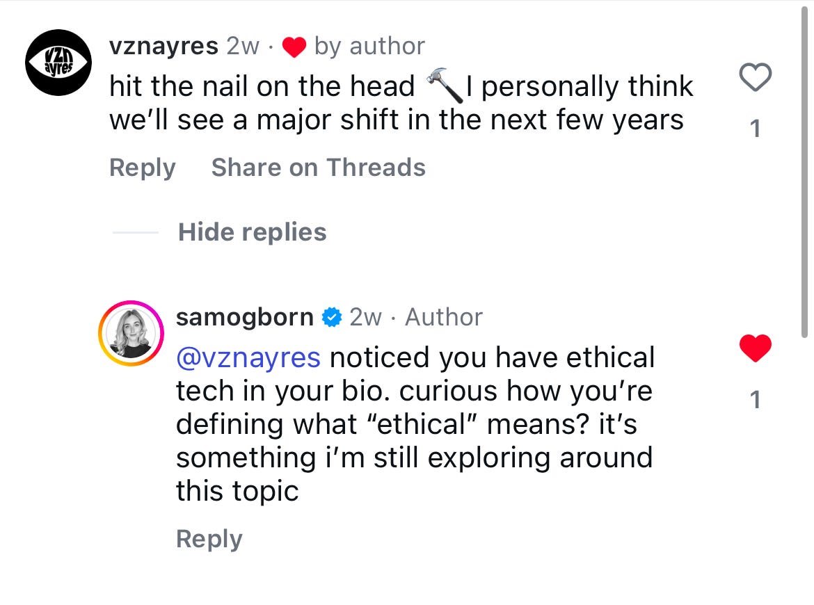 A screenshot of a comment section where the commenter asks, "how do you define 'ethical' in tech?"