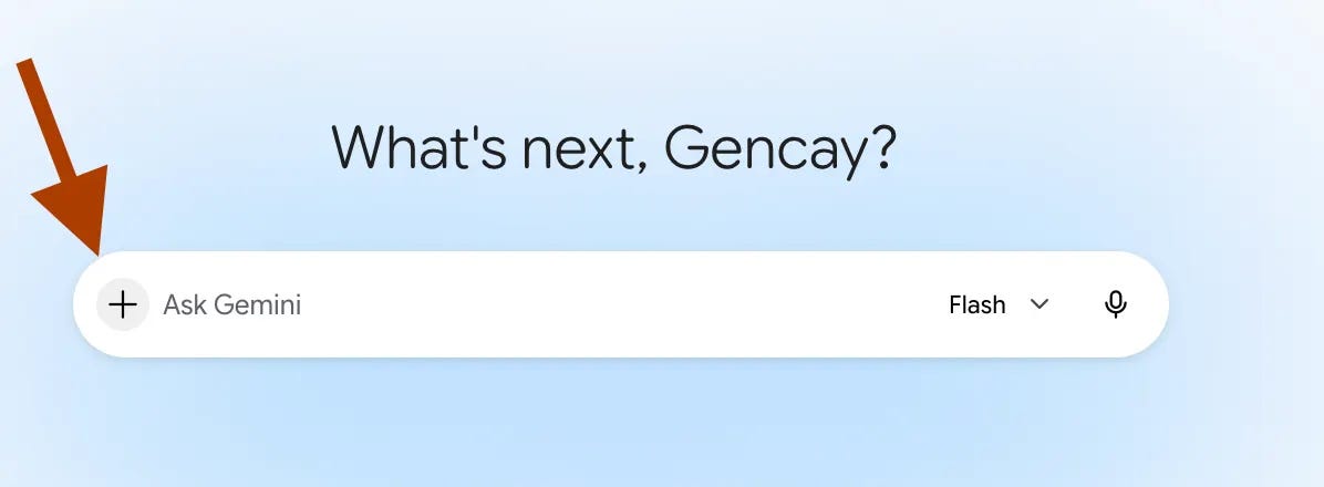 Plus button highlighted on the Gemini prompt bar