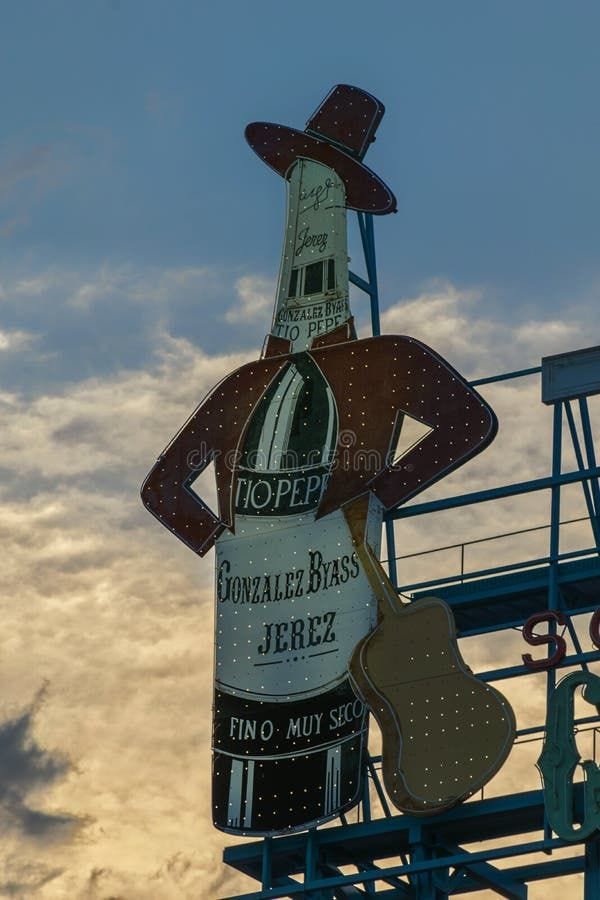 July 08, 2020. Poster with the logo of the Tio Pepe brand. located at the Puerta del Sol. Night photography. Pepe logo stock images, royalty-free photos and pictures