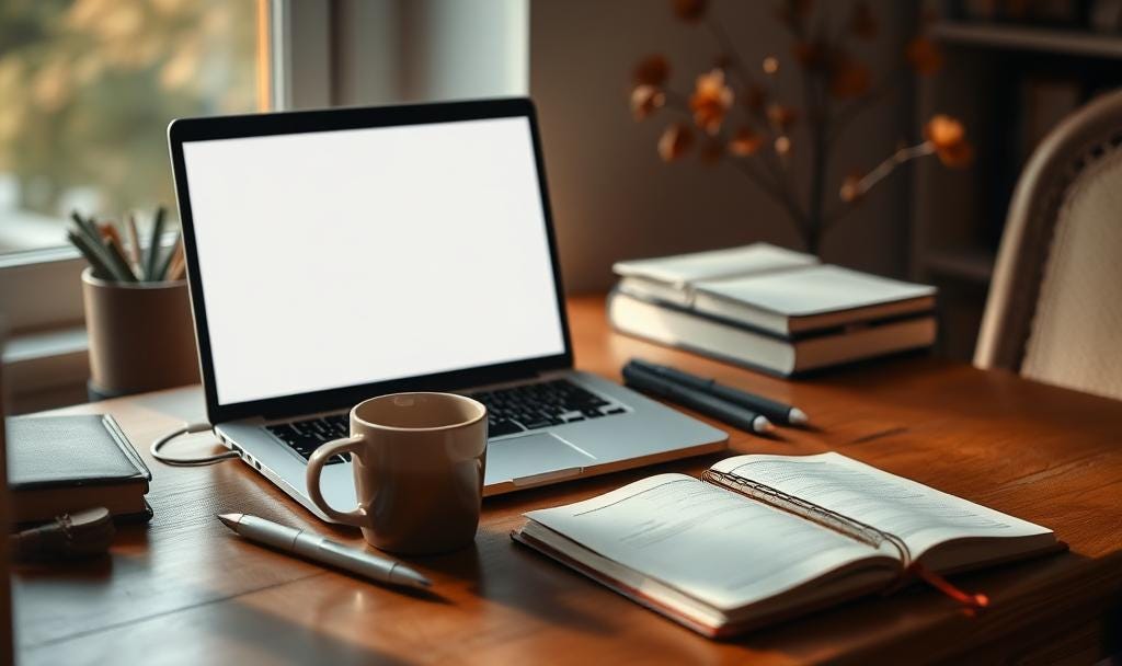 Cozy writer's desk with laptop showing blank screen, empty coffee mug, and journal. Warm natural lighting, peaceful but melancholic mood, autumn tones. Authentic workspace feeling creative exhaustion and contemplation.