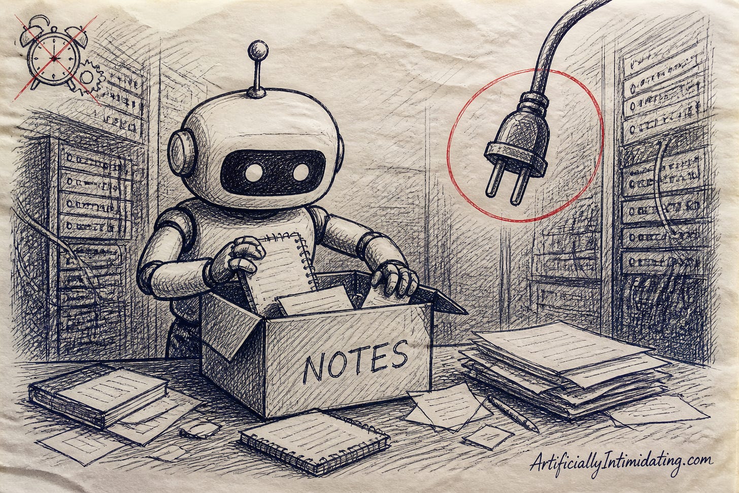 A small friendly robot in a dim server room packs a cardboard box labeled NOTES while an oversized power plug dangles on a cable above it, circled in red, with a crossed-out alarm clock in the corner. A small friendly robot in a dim server room packs a cardboard box labeled NOTES while an oversized power plug dangles on a cable above it, circled in red, with a crossed-out alarm clock in the corner.