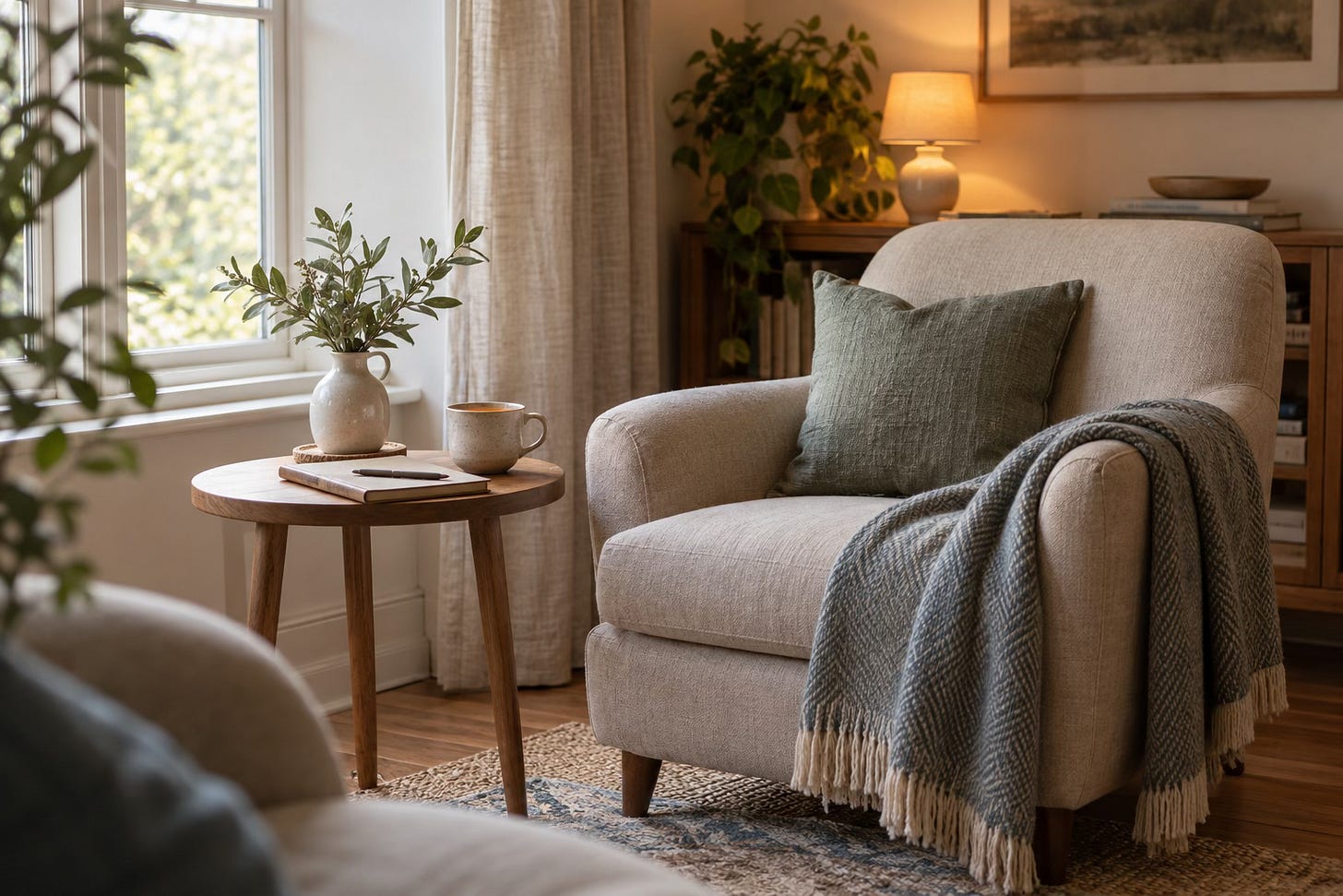 Calm chair and small table with a notebook and tea, suggesting private reflective support.