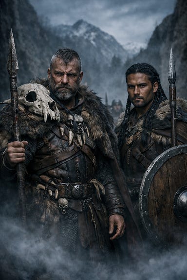 Cumo and Scorilo standing in a snowy mountain pass, fur-clad warriors with stone weapons, mist curling around jagged cliffs, torches flickering in the wind
