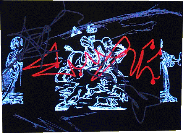 Scribbled red handwriting and symmetrical gray lines atop white line illustrations on a black background.
