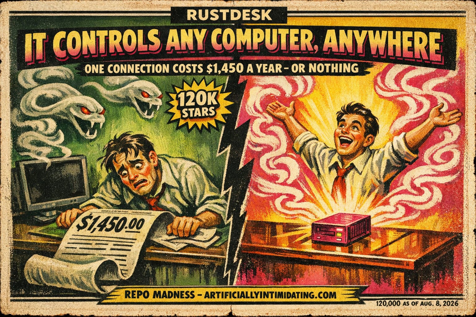 A 1930s exploitation poster split by a jagged lightning bolt. Left, in sickly green, a slumped office worker stares at a huge invoice reading $1,450.00 as smoke curls into red-eyed serpents. Right, in blazing magenta, the same worker cheers beside a small glowing relay server. A 1930s exploitation poster split by a jagged lightning bolt. Left, in sickly green, a slumped office worker stares at a huge invoice reading $1,450.00 as smoke curls into red-eyed serpents. Right, in blazing magenta, the same worker cheers beside a small glowing relay server.