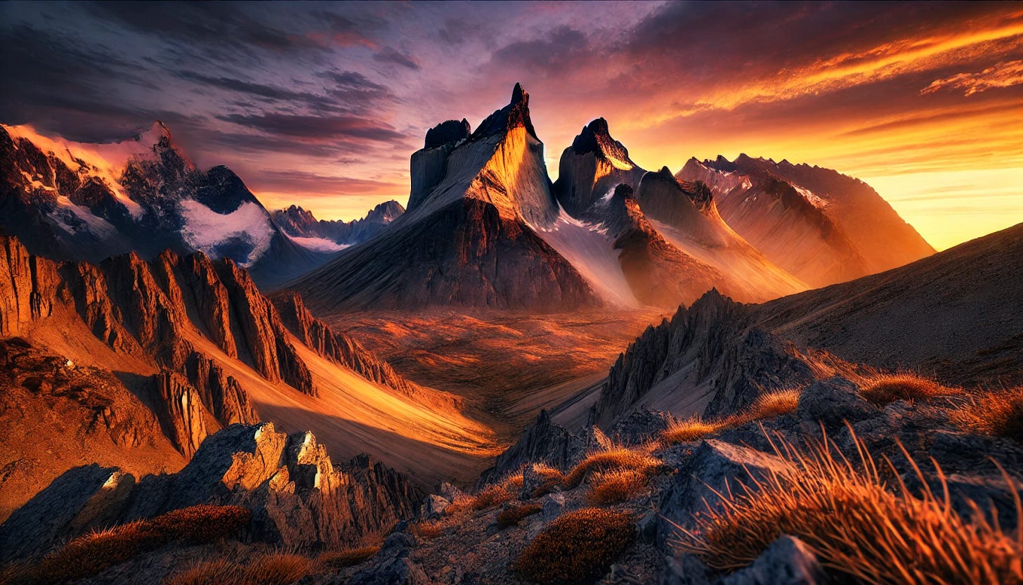 A breathtaking mountain range at sunset captured from a low angle in a wide aspect ratio. The scene features towering peaks bathed in warm golden and orange hues, with the sky transitioning from vibrant oranges and pinks to deep purples and blues. The foreground includes rugged terrain with rocks and sparse vegetation, adding depth to the perspective. The atmosphere is serene and majestic, with soft clouds partially veiling the peaks and catching the colors of the sunset. The scene emphasizes the grandeur and beauty of the mountains at this magical time of day.