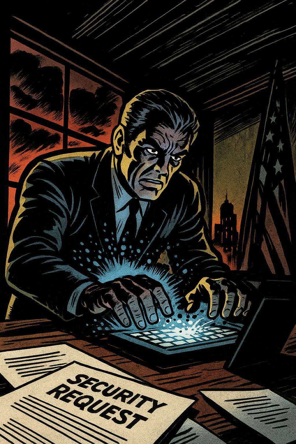 Jack Kirbystyle comic book panel: LOW ANGLE SHOT looking up at Ambassador Gene Cretz in heroic proportions, standing at a massive diplomatic desk in his Tripoli embassy office. He's hunched forward intensely over a glowing computer terminal, fingers dramatically poised over keyboard, face cast in stark shadows with dramatic highlights carving out determined features. His expression shows grave concern and urgency. Behind him, TOWERING windows reveal the Tripoli cityscape at dusk with ominous storm clouds gathering, backlit by crimson and orange sunset creating strong silhouette contrast. KIRBY KRACKLE energy dots surround the computer screen and radiate outward, symbolizing the critical importance of the urgent cable message. Diagonal speed lines streak across the composition suggesting movement and tension. In the FOREGROUND, extreme perspective shows official State Department documents scattered across the desk with 'SECURITY REQUEST' visible in bold letters. DRAMATIC LIGHTING: harsh spotlight from above creates deep shadows, rim lighting on Cretz's shoulders. The monitor casts an eerie blue glow on his face. Composition uses sharp angular panel borders tilted at dynamic angle. Background includes American flag in shadow, symbolic of duty. Overall mood: desperate urgency, heroic determination, impending crisis. Heavy blacks and whites with minimal grays for maximum contrast. Epic, monumental scale despite intimate office setting. Jack Kirby comic book art style, dynamic composition, bold inking, dramatic angles, high contrast black and white with color accents, 1960s Marvel Comics aesthetic, Kirby dots energy effects.png
