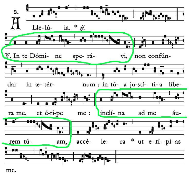 May be an image of harp, trumpet, clarinet and text that says '3. H Lle-lú- ia. * *ij. In te Dómi- ne spe- rá- vi, non confún- dar in 2- tér- num in tú- a ju-stí- ra me, ti-a líbe- et é-ri-pe me: : inclí- na ad me rem tú- áu- am, accé- le- ra ut me. e-rí- pi-'