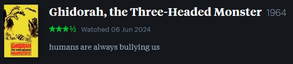 screenshot of LetterBoxd review of Ghidorah, the Three-Headed Monster, watched June 6, 2024: humans are always bullying us screenshot of LetterBoxd review of Ghidorah, the Three-Headed Monster, watched June 6, 2024: humans are always bullying us
