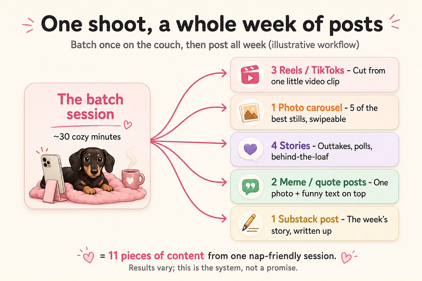 One shoot, a whole week of posts: a ~30-minute batch session becomes 3 reels/TikToks, 1 photo carousel, 4 stories, 2 meme/quote posts, and 1 Substack post — 11 pieces from one session (illustrative). One shoot, a whole week of posts: a ~30-minute batch session becomes 3 reels/TikToks, 1 photo carousel, 4 stories, 2 meme/quote posts, and 1 Substack post — 11 pieces from one session (illustrative).