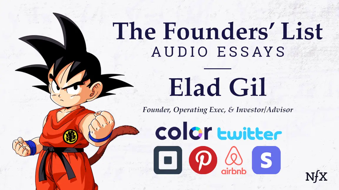Elad Gil featured in The Founders’ List audio essays cover, with illustrated anime character and logos of Color Health, Twitter, Airbnb, Square, Pinterest, and Stripe