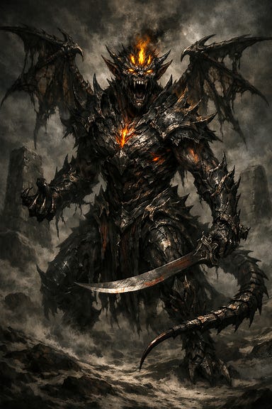 Rahadin fully transformed monstrous form with skeletal wings, chitinous carapace, barbed tail, amber shards blazing