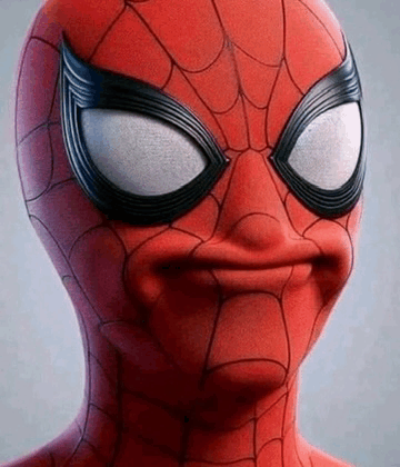 a close up of a spider man mask with a funny face .