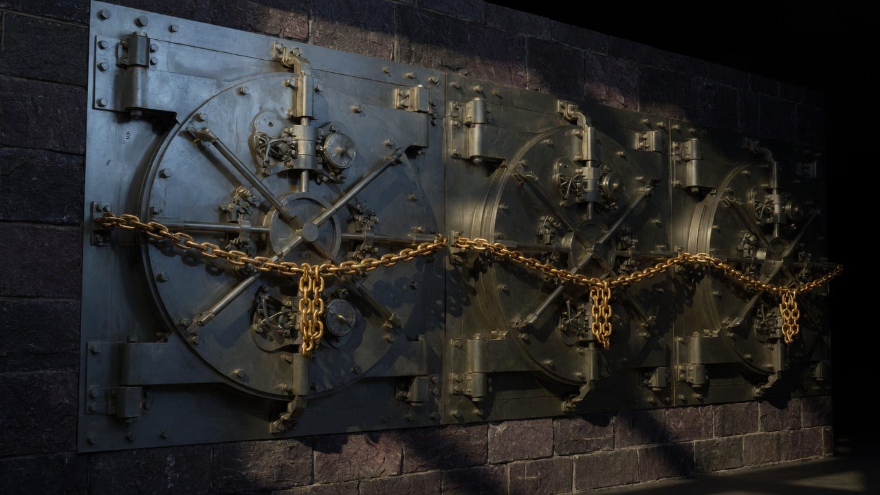 Three steel bank vault doors on a dark wall chained together in a closed loop with gold chains, representing the circular relationship between WLFI's governance token, the Dolomite lending platform, and the World Liberty Financial advisor who co-founded it. Three steel bank vault doors on a dark wall chained together in a closed loop with gold chains, representing the circular relationship between WLFI's governance token, the Dolomite lending platform, and the World Liberty Financial advisor who co-founded it.