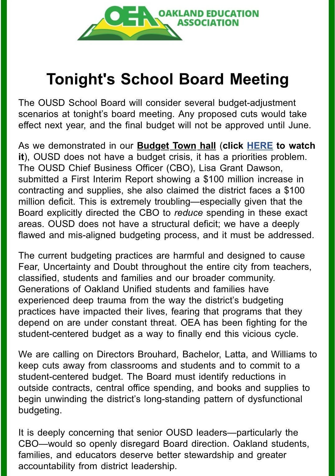  Email to OEA members sent December 10, 2025 at 1:55 pm