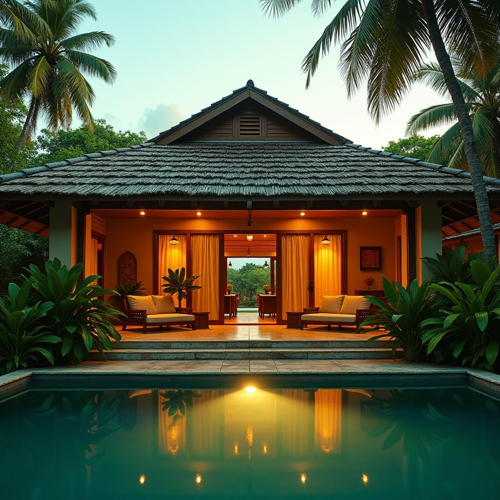 Vibrant Jamaican villa with a rustic Gambrel Roof, set amidst lush tropical surroundings, bathed in warm