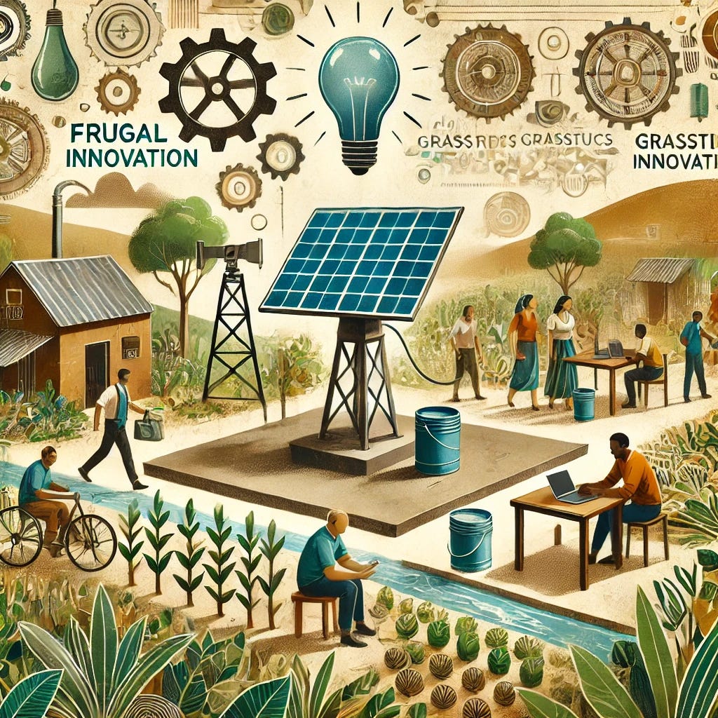An innovative and impactful illustration representing the concept of 'Frugal Innovation.' The scene showcases a solar-powered water pump being used in a rural farming community, symbolizing accessibility, affordability, and sustainability. Diverse people are shown collaboratively working, emphasizing inclusivity and grassroots ingenuity. The design uses earthy tones like greens and browns, with touches of innovation imagery such as gears or light bulbs, to evoke a sense of creativity and purpose. The style is clean, modern, and professional.