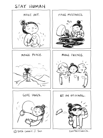 6-panel animated comic strip (black and white), where each panel contains some animation. Each frame is drawn by hand without any use of generative AI. Titled "Stay Human," 2026, by Connie Sun, cartoonconnie