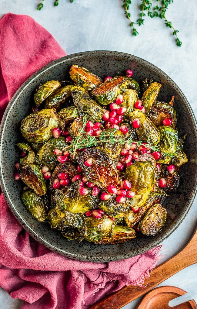 Balsamic Glazed Brussels Sprouts with Pomegranate Seeds in a bowl. 
