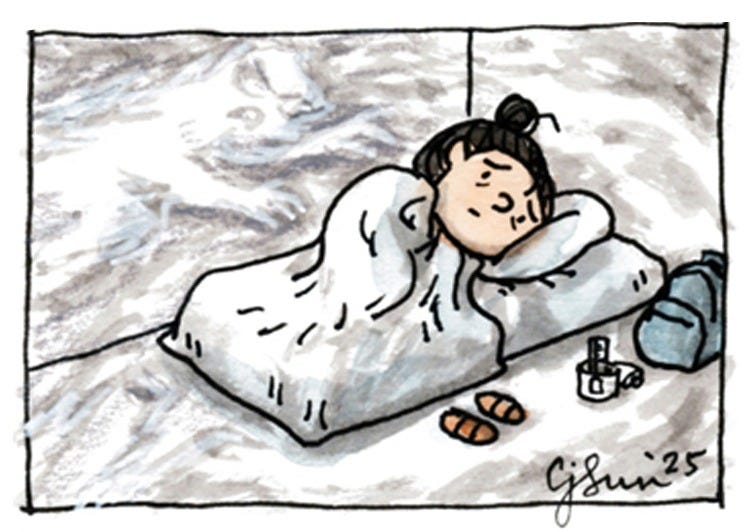 Illustration excerpt showing a girl with a bun curled up on a mattress in a desolate empty room with only a backpack, by Connie Sun, cartoonconnie