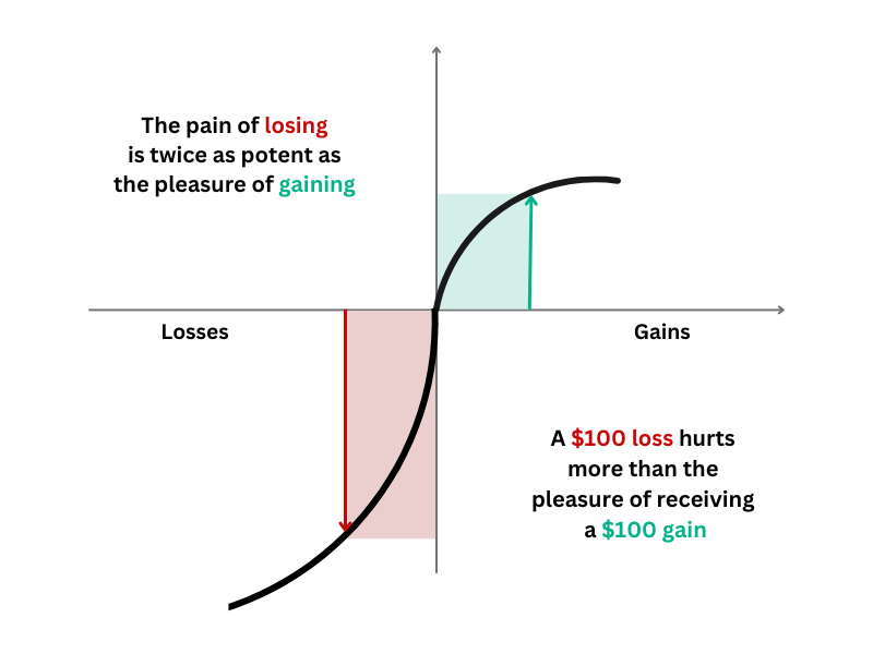 Loss aversion curve: a $100 loss hurts more than the pleasure of a $100 gain.