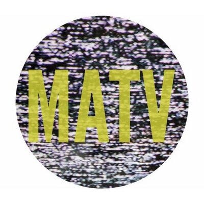 the letters MATV in yellow with a black and white television haze in the background.