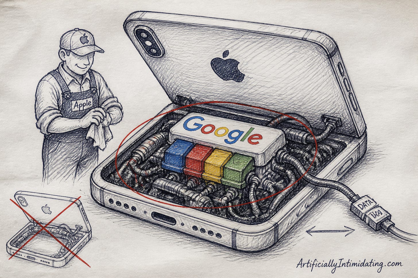Editorial cartoon: a smartphone with its back opened like a car hood, revealing a four-color Google engine block inside, while a mechanic wipes his hands looking pleased