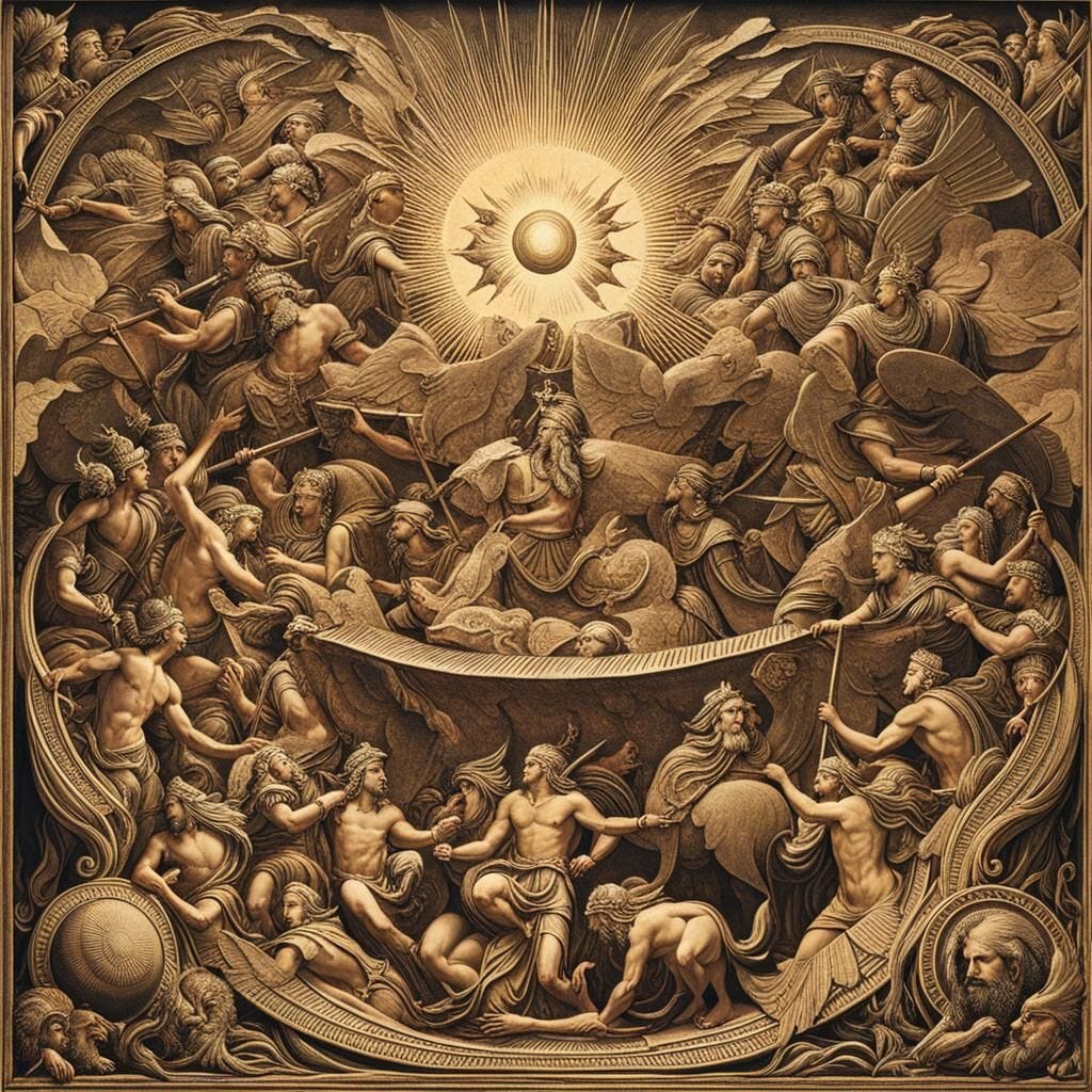 Ancient mythological gods engaged in a great battle for control of the earth