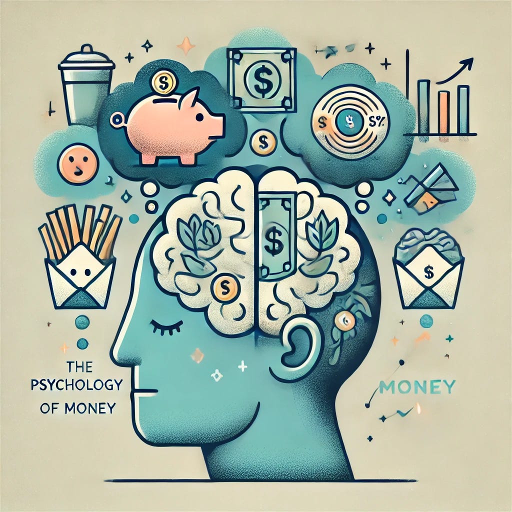 A visually engaging illustration representing 'The Psychology of Money,' focusing on the emotional and behavioral aspects of financial decision-making. The image features a human brain with thought bubbles displaying symbols like a piggy bank, takeout food, and investment charts, illustrating conflicting financial choices. The design is clean and modern, using a soft palette of blues, greens, and warm accents to evoke thoughtfulness and understanding, emphasizing the balance between emotions and logic in money management.