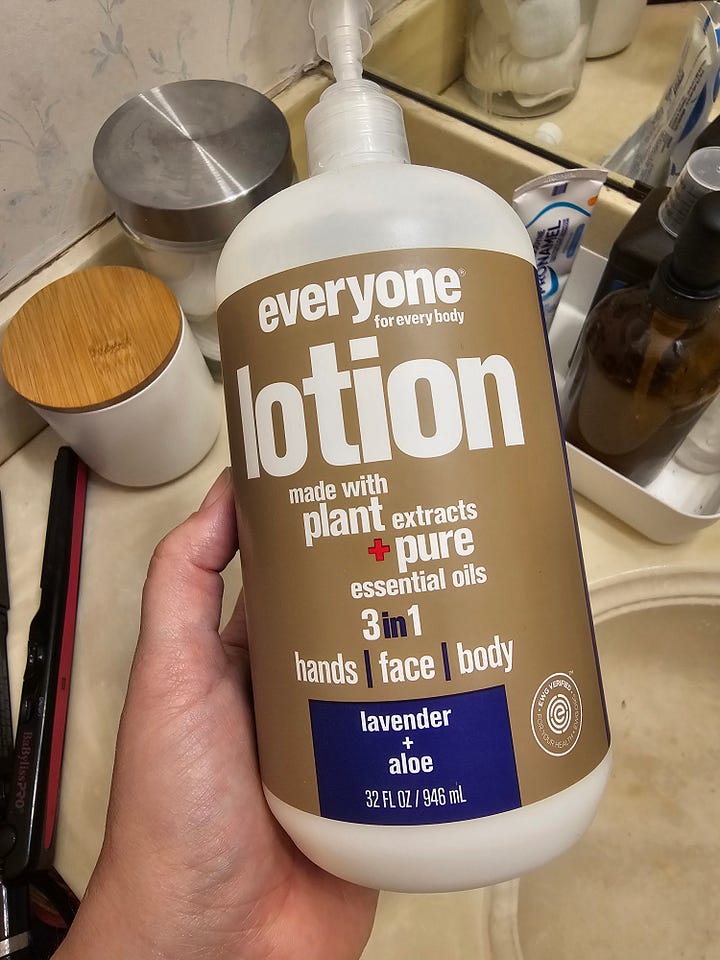 Self care, scrubbing gloves, body lotion