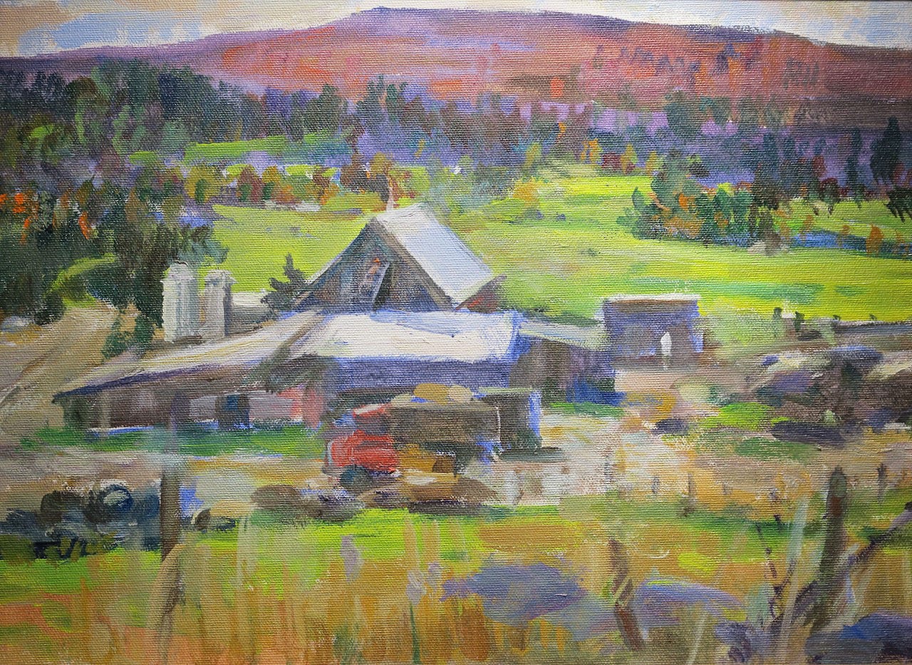 A painting of a farm

Description automatically generated