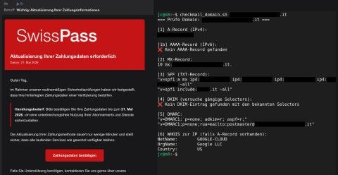 Screenshot einer Analyse einer verdächtigen Phishing-Mail. Sichtbar sind SPF-, DKIM- und DMARC-Informationen einer italienischen Domain. Mehrere technische Details wurden geschwärzt. Die Analyse zeigt, dass die Mail technisch sauber signiert und über legitime Infrastruktur versendet wurde.