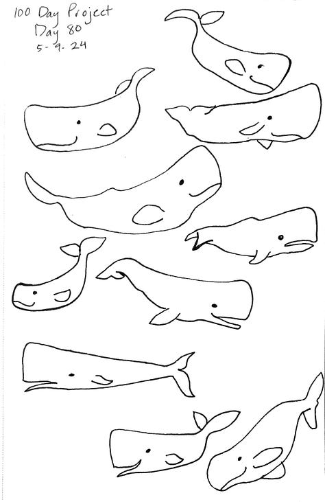 Simple drawings of ten whales, ten ghosts, and ten owls.