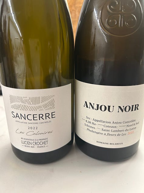 bottles of French wine from two tastings. Wines of Burgundy and the Loire Valley. Plates of appetizers on a wooden table.