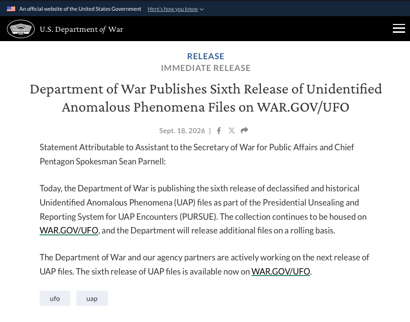 Pentagon releases 6th tranche of UFO files; screengrab from their government website Pentagon releases 6th tranche of UFO files; screengrab from their government website