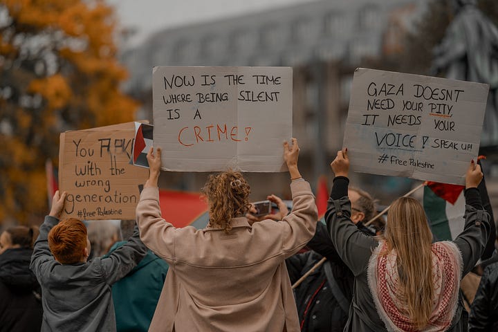 Photo of an anti-Israel demonstration; right, volunteers framing a building
